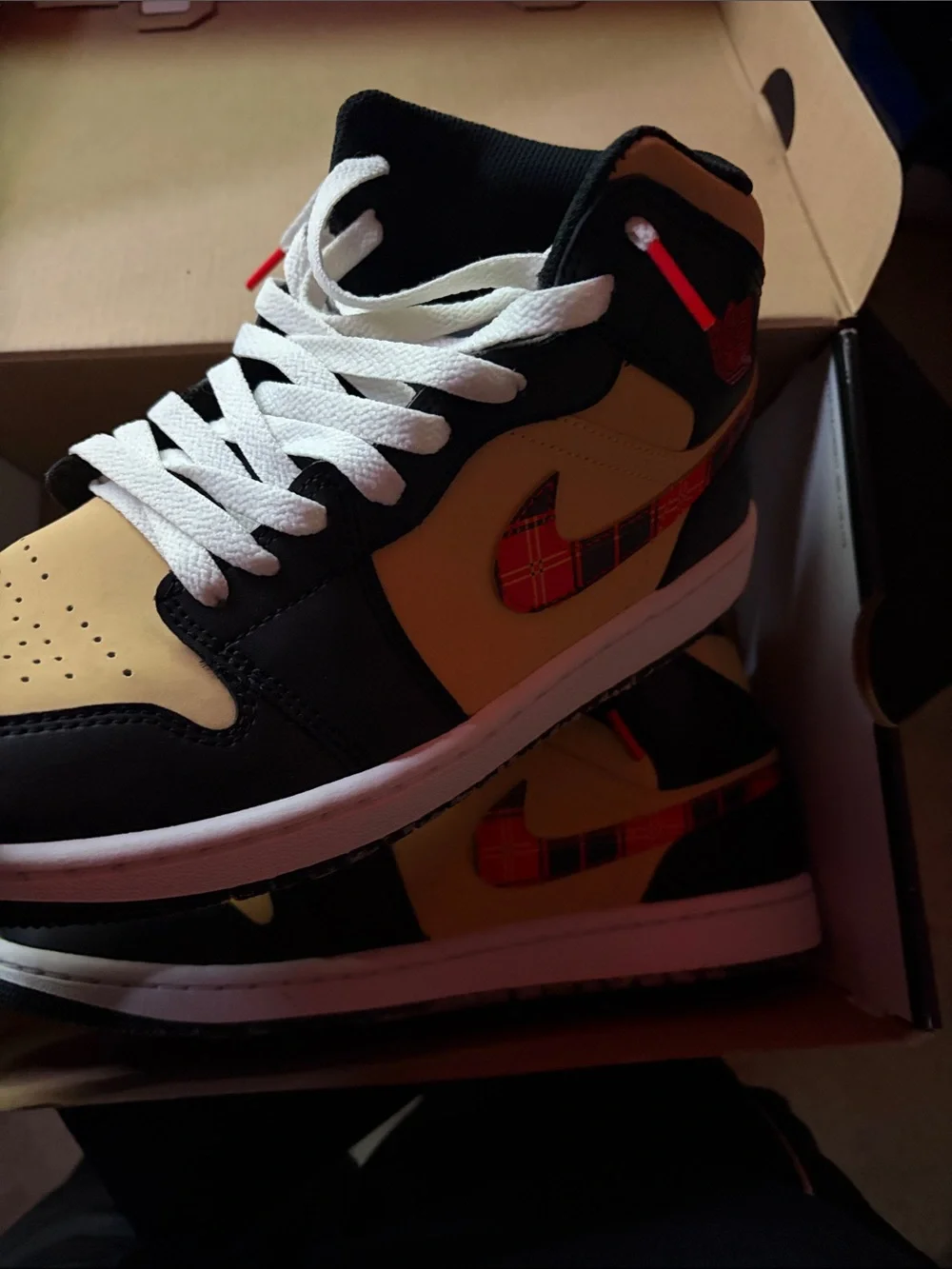 Kids High-Top Sneakers in Black, Cream & Red Plaid